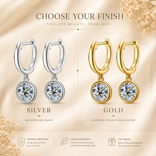 Silver and gold bezel drop moissanite hoop earrings shown in a finish comparison graphic
