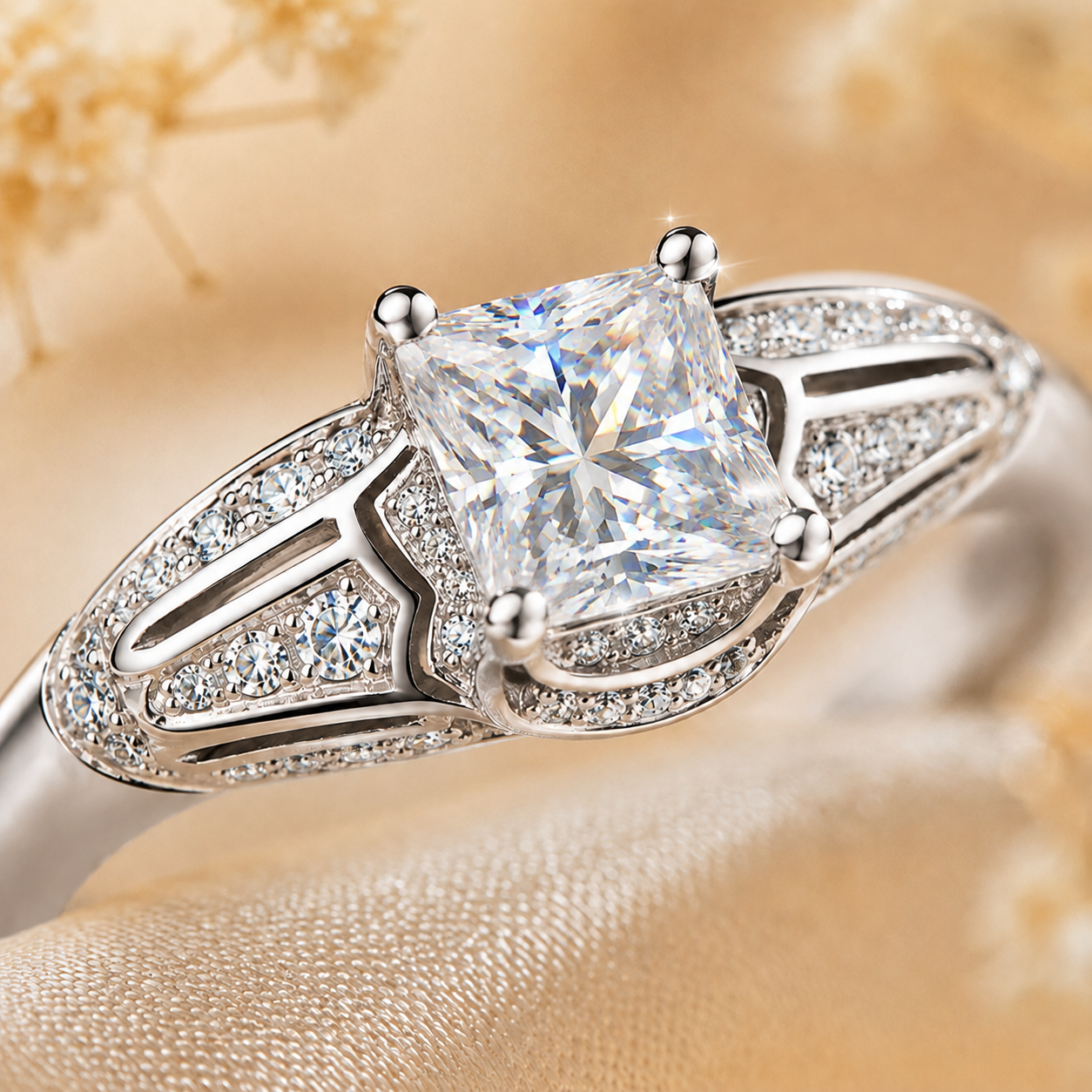 Vintage Princess Cut Moissanite Filigree Engagement Ring