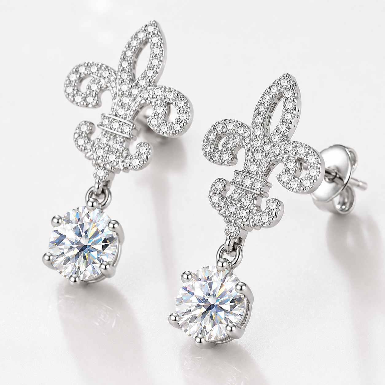 Fleur de Lis Moissanite Drop Earrings – 2.0ct Round Brilliant Dangle Earrings