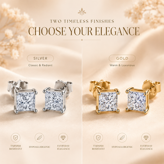Silver and gold princess cut colourless moissanite stud earrings shown in a finish comparison graphic