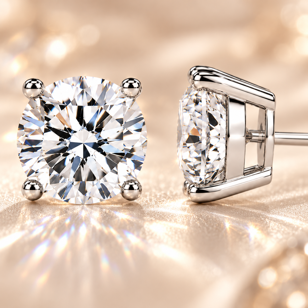 Close-up of silver four-prong colourless moissanite stud earrings showing the front and side settings