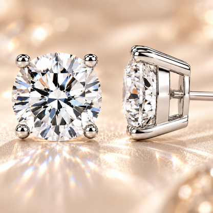 Close-up of silver four-prong colourless moissanite stud earrings showing the front and side settings