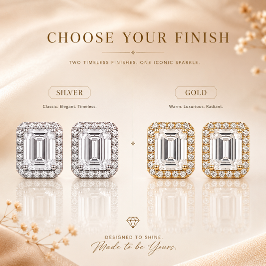 Silver and gold emerald cut halo moissanite stud earrings shown in a finish comparison graphic