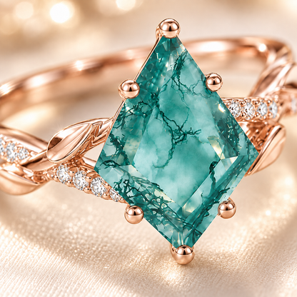 Natural Moss Agate Ring – Kite Cut Nature Inspired Boho Engagement Ring