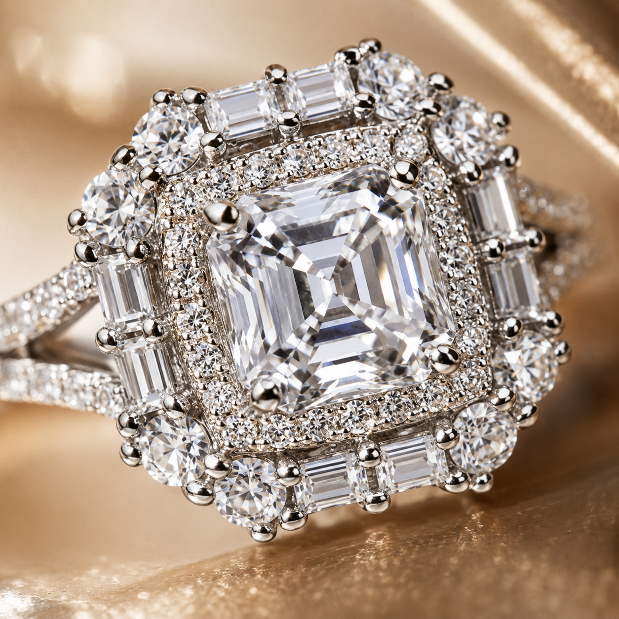 Anel Halo Moissanite Corte Asscher 