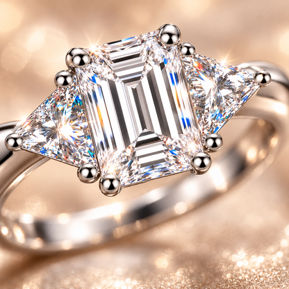 3ct Emerald & Trillion Cut Moissanite Trilogy Engagement Ring