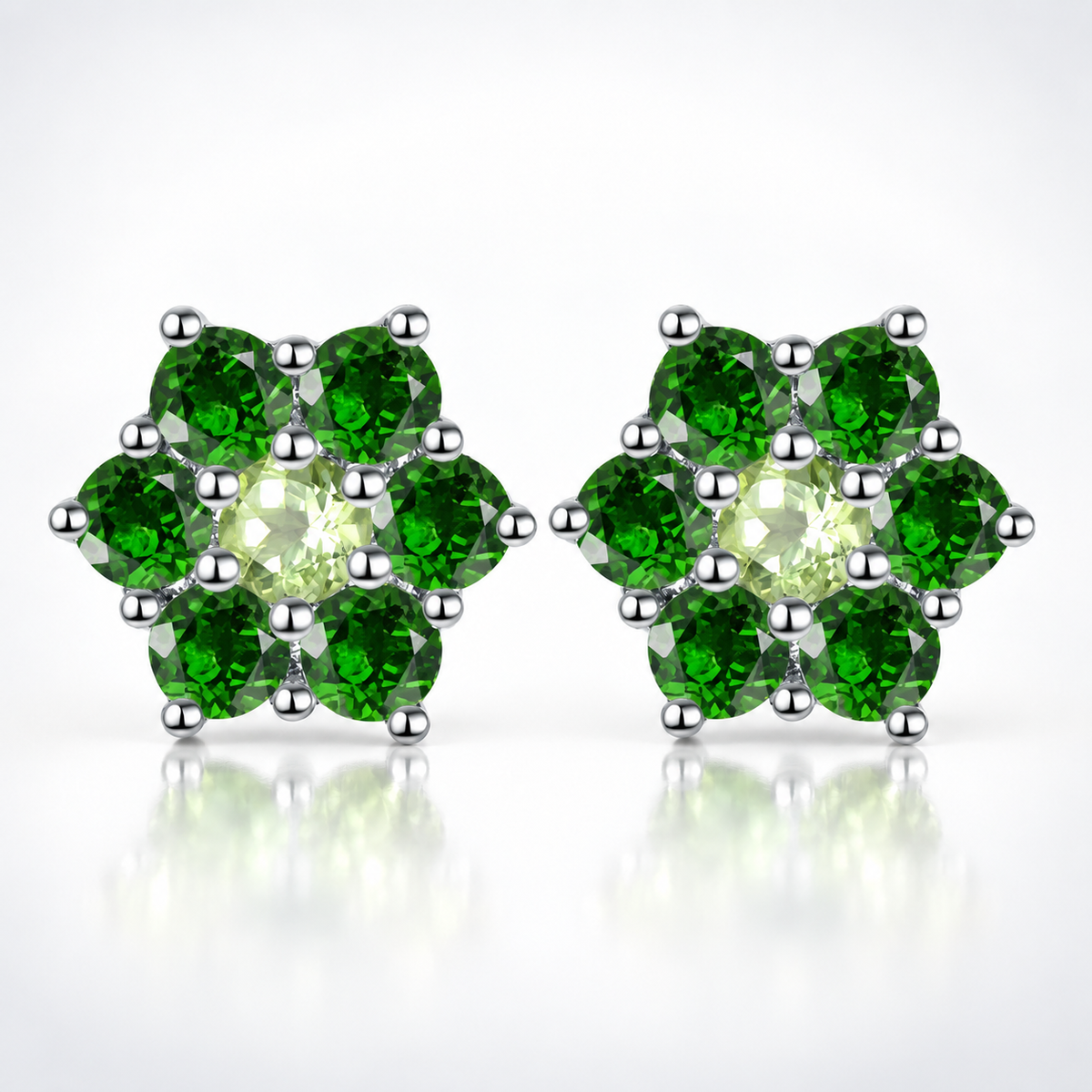 Natural Peridot & Chrome Diopside Floral Cluster Stud Earrings