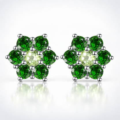 Natural Peridot & Chrome Diopside Floral Cluster Stud Earrings