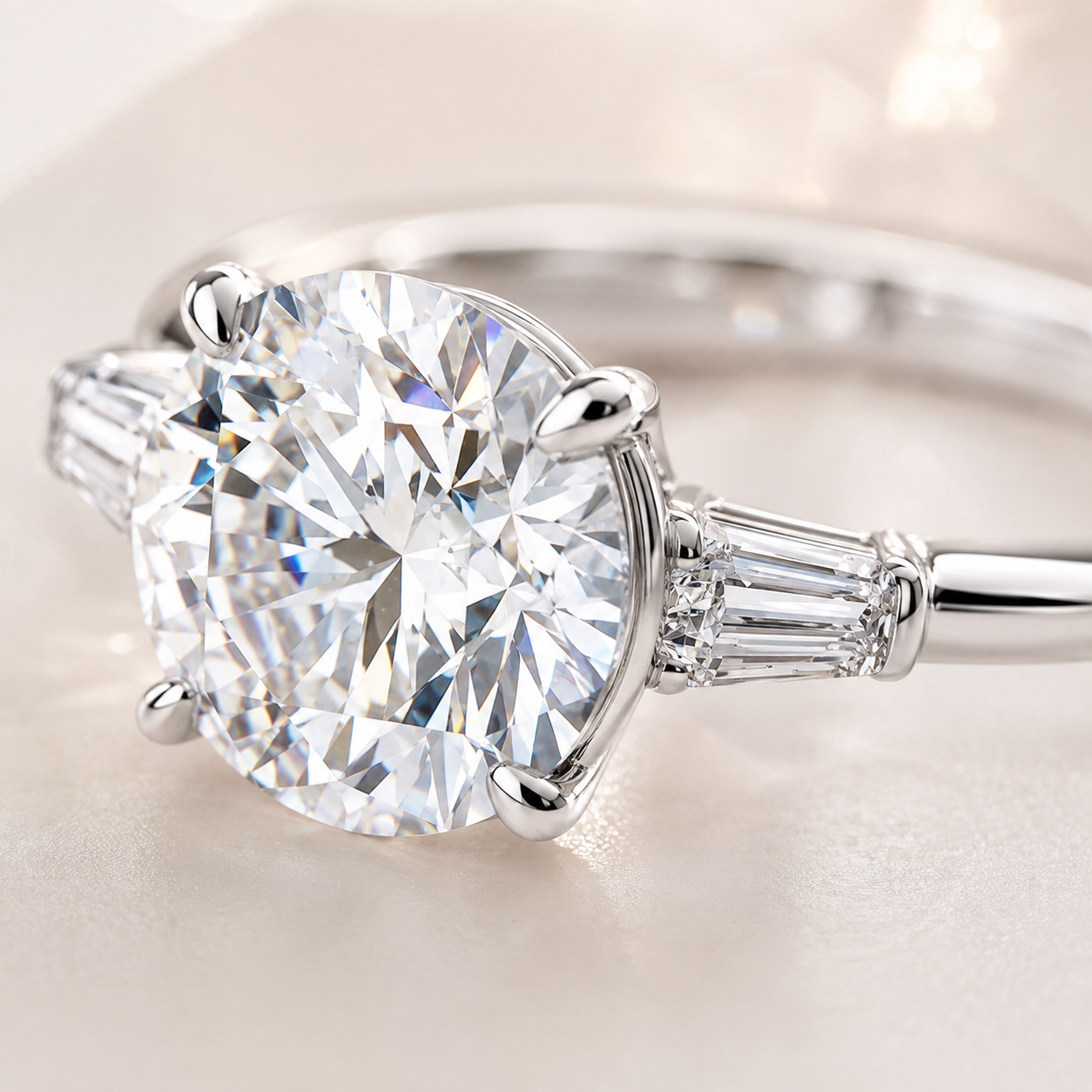 Round Brilliant & Tapered Baguette Moissanite Trilogy Ring