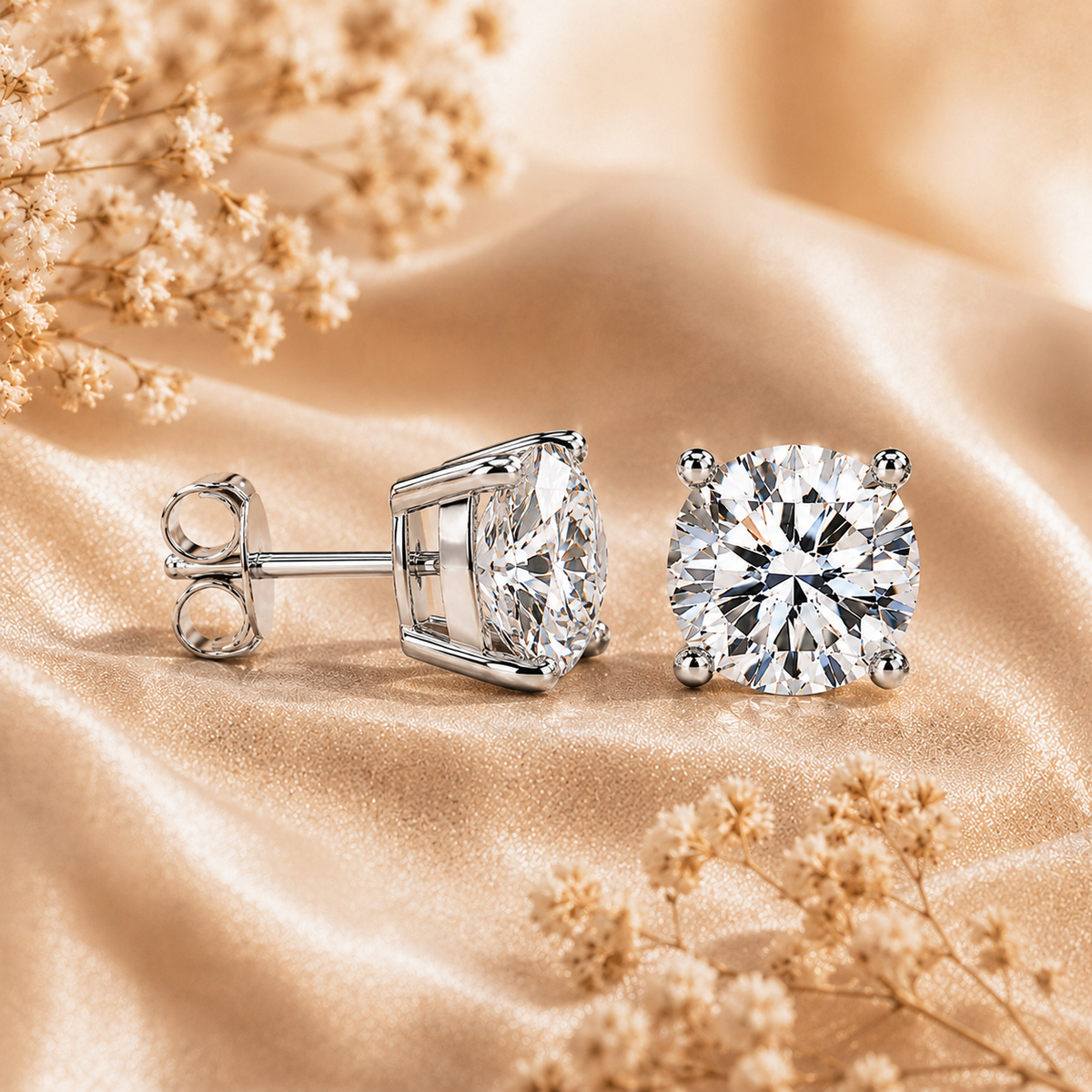 Silver four-prong colourless moissanite stud earrings displayed from front and side on champagne satin