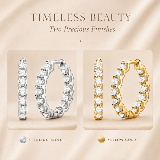 Silver and gold inside-out moissanite hoop earrings shown side by side in a finish comparison graphic