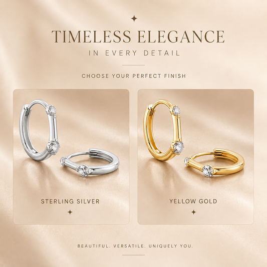 Silver and gold floating moissanite hoop earrings shown in a finish comparison graphic