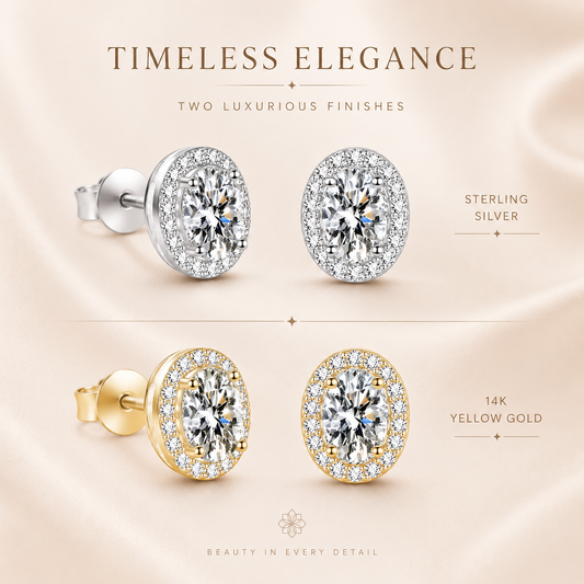 Silver and gold oval halo moissanite stud earrings shown in a two-finish comparison graphic