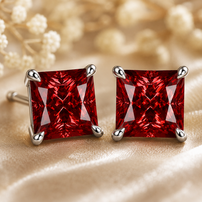 Brincos de moissanite vermelho com corte princesa 