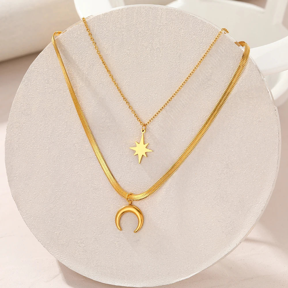 Titanium Moon and Star Herringbone Pendant Necklace - Premium Jewelry from Dazzling Delights - Just $29.95! Shop now at Dazzling Delights