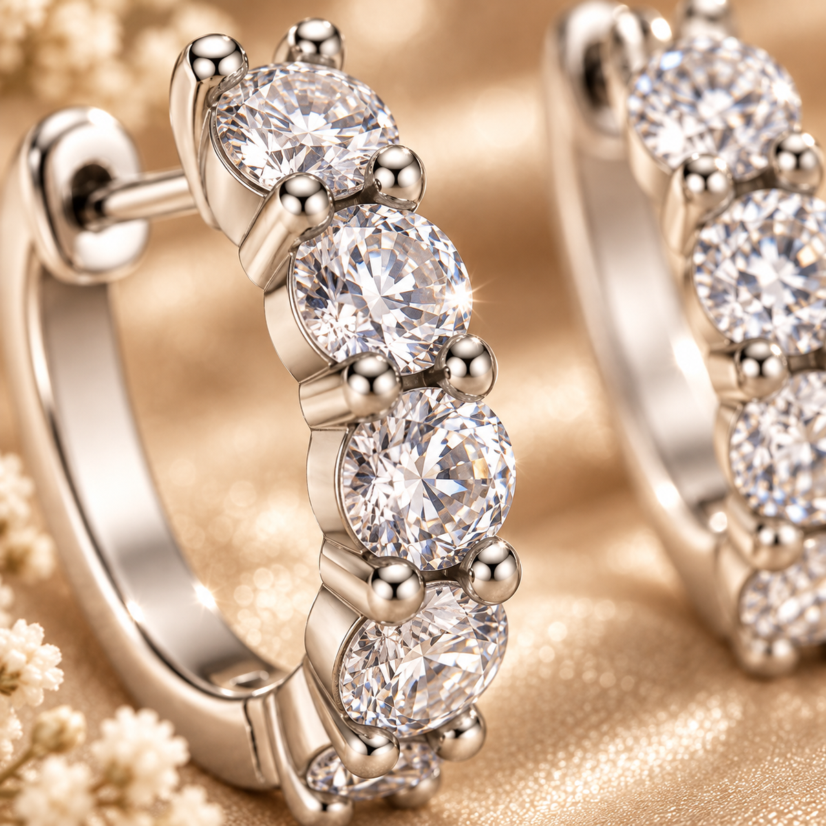 Close-up of silver five-stone moissanite hoop earrings on champagne satin