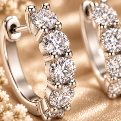 Close-up of silver five-stone moissanite hoop earrings on champagne satin