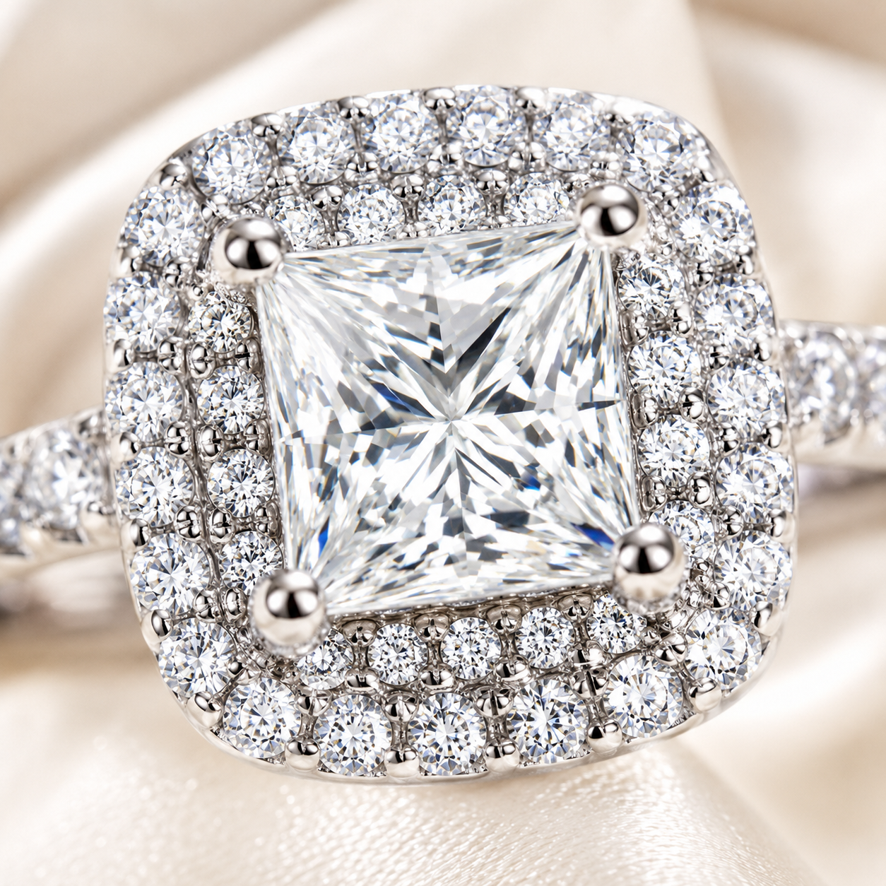 Anel de Halo Duplo Moissanite Corte Princesa 