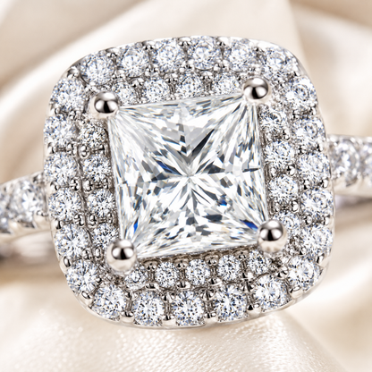Anel de Halo Duplo Moissanite Corte Princesa 