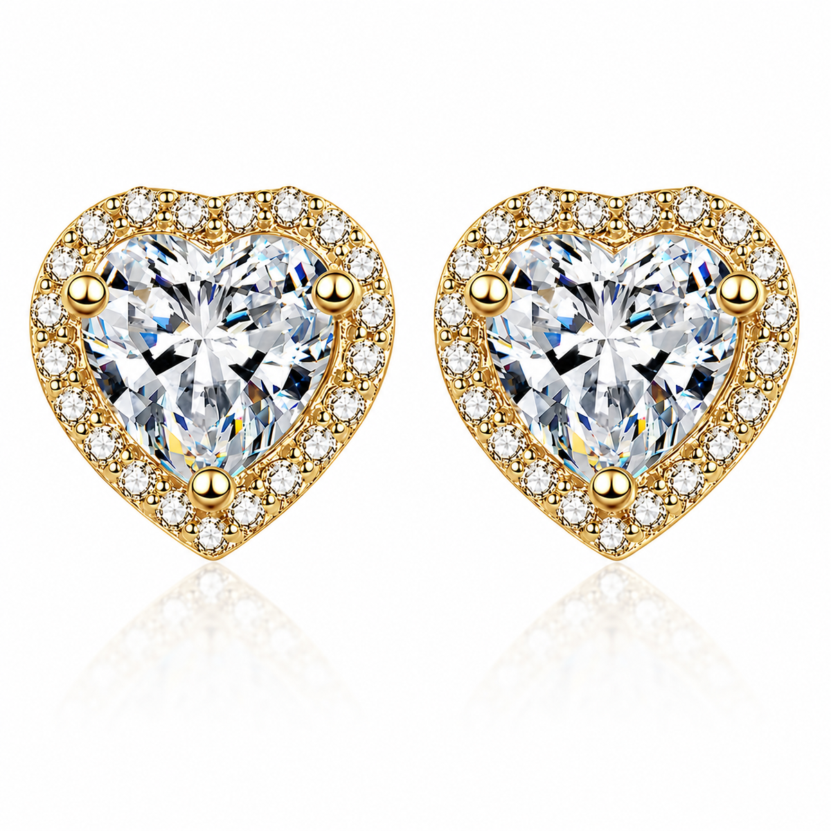 Gold heart-cut colourless moissanite halo stud earrings shown front-on against a white background