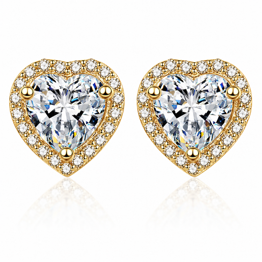 Gold heart-cut colourless moissanite halo stud earrings shown front-on against a white background