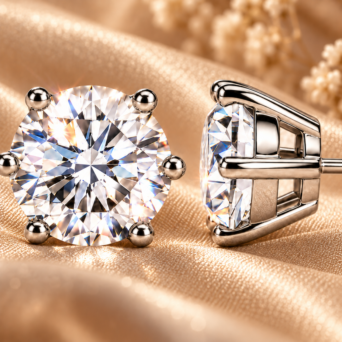 White gold six-prong colourless moissanite stud earrings shown in a close-up product view