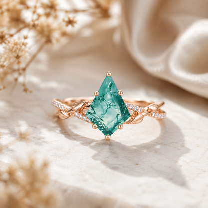Natural Moss Agate Ring – Kite Cut Nature Inspired Boho Engagement Ring
