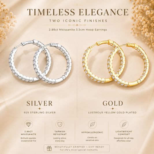 Silver and gold 35mm inside-out moissanite hoop earrings shown in a finish comparison graphic