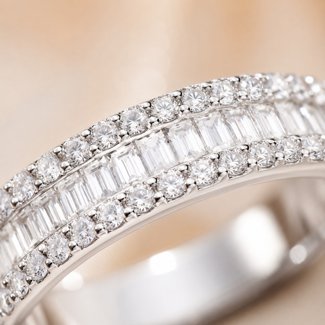 Emerald & Round Brilliant Moissanite Triple-Row Wedding Band