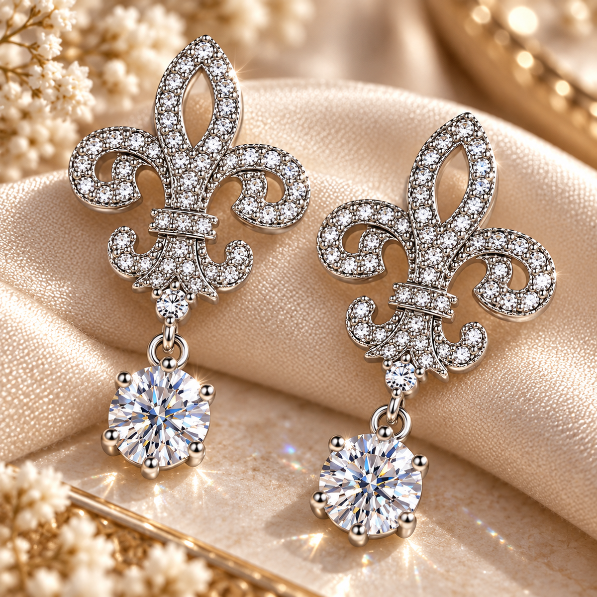 Close-up of silver fleur de lis colourless moissanite drop earrings displayed on champagne satin