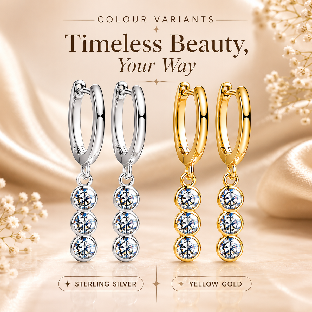 Silver and gold triple-drop moissanite hoop earrings shown side by side in a finish comparison graphic