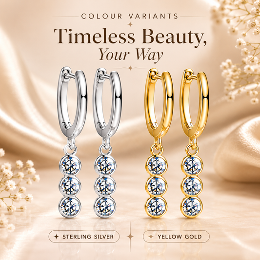 Silver and gold triple-drop moissanite hoop earrings shown side by side in a finish comparison graphic