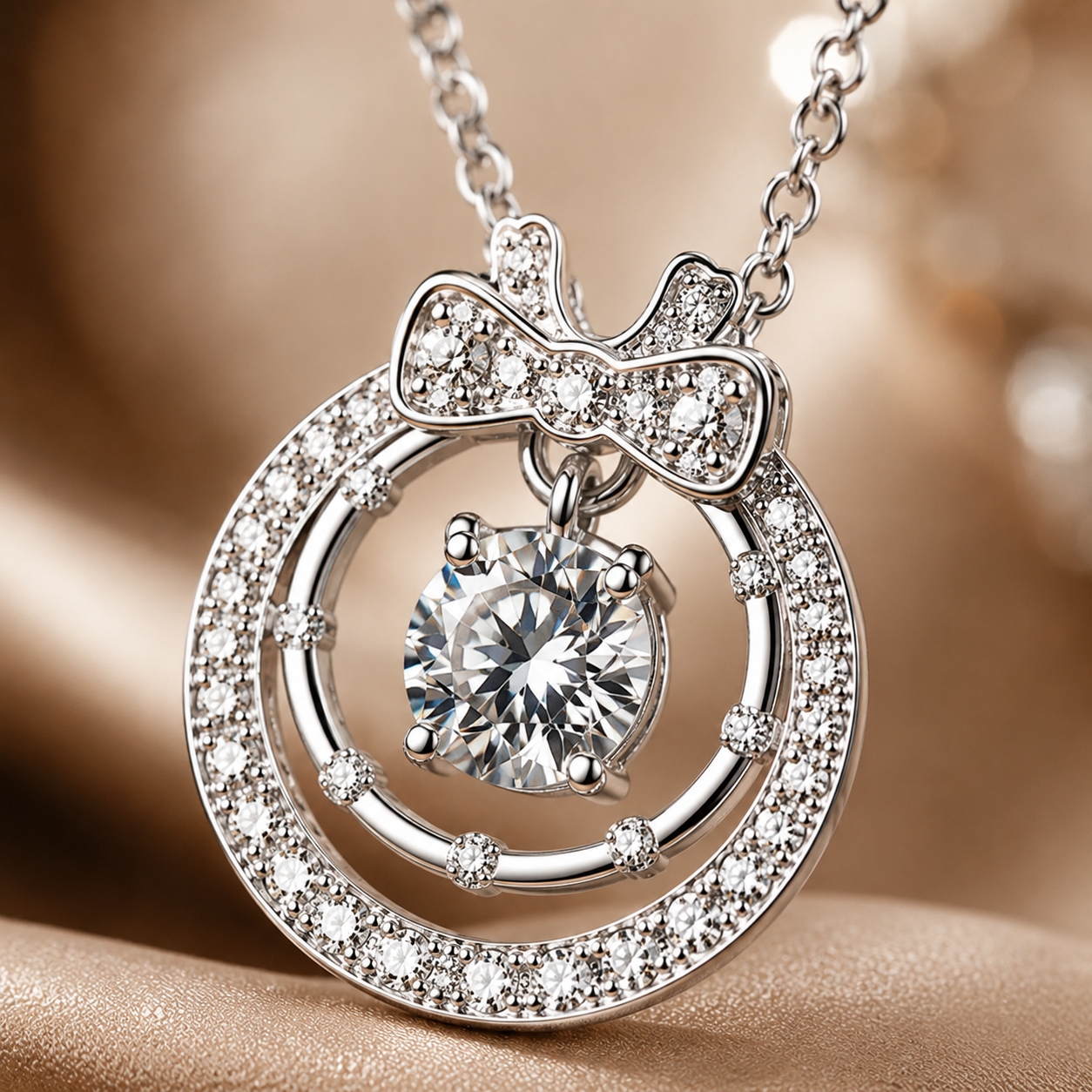 Colar com pingente de laço duplo de círculo duplo de Moissanite ornamentado 