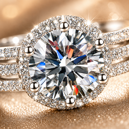 Anillo con halo de tres bandas de moissanita de talla brillante redonda 