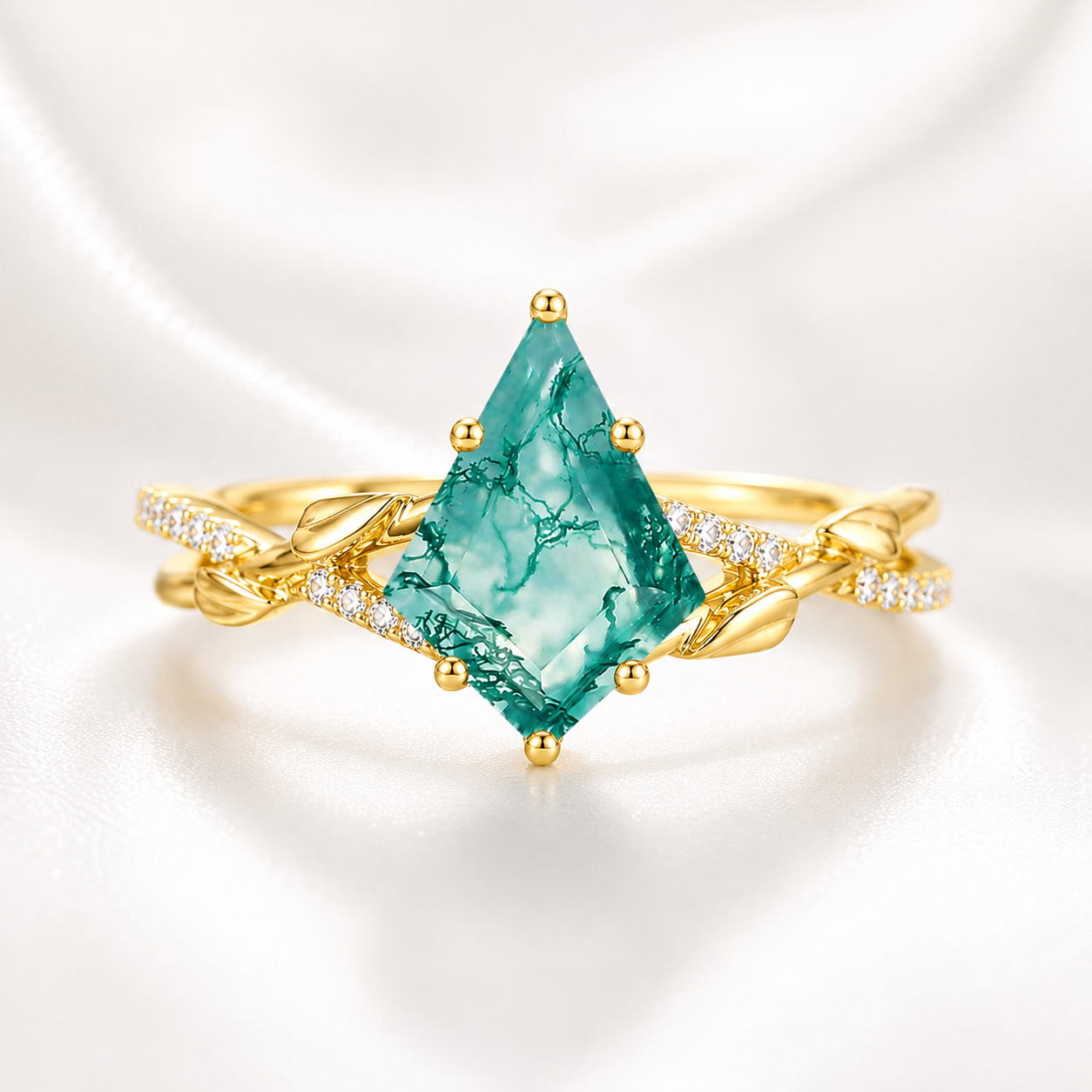 Natural Moss Agate Ring – Kite Cut Nature Inspired Boho Engagement Ring