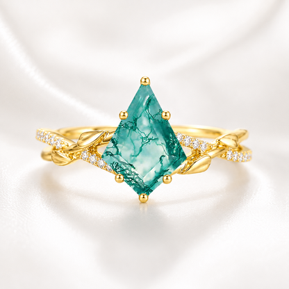 Natural Moss Agate Ring – Kite Cut Nature Inspired Boho Engagement Ring