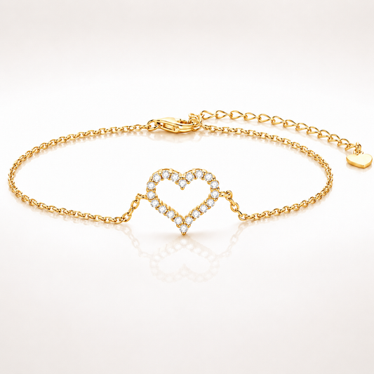 Yellow gold-tone open heart moissanite bracelet with pavé heart centrepiece and adjustable extender chain