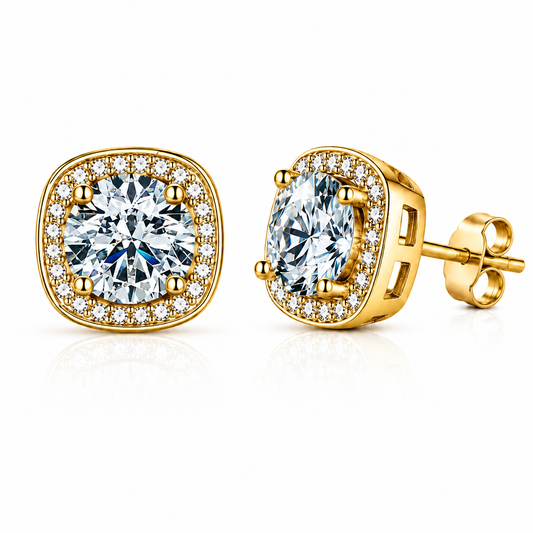 Gold cushion halo colourless moissanite stud earrings shown front and side on a white background