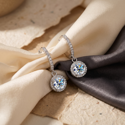 Halo Moissanite Hoop Drop Earrings – 1.0ct Round Brilliant Earrings