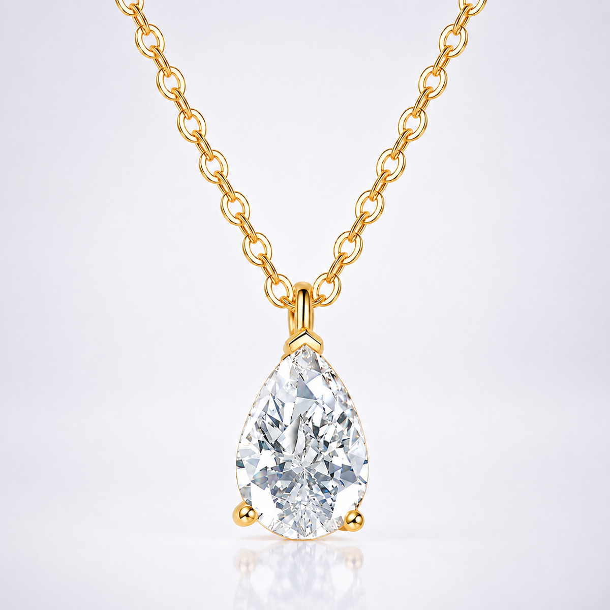 Yellow gold pear-cut moissanite solitaire pendant necklace on a white background.