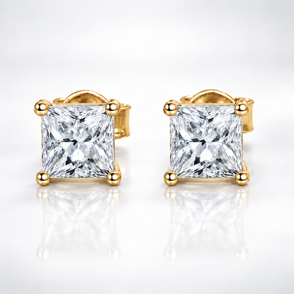 Gold princess cut colourless moissanite stud earrings shown front and side on a white background