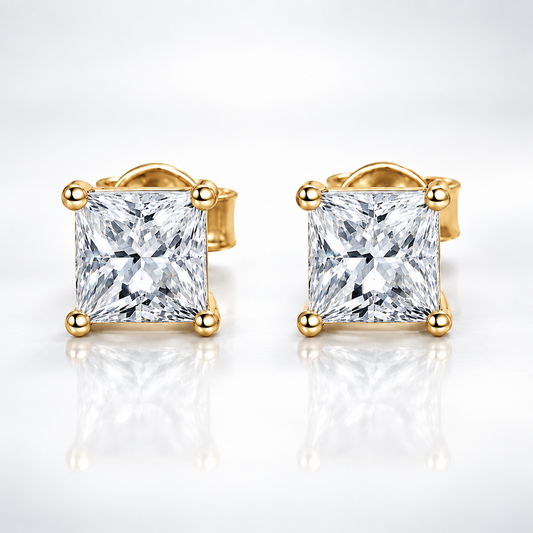 Gold princess cut colourless moissanite stud earrings shown front and side on a white background