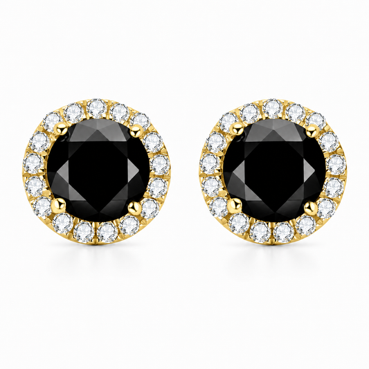 Gold black moissanite halo stud earrings on a white background