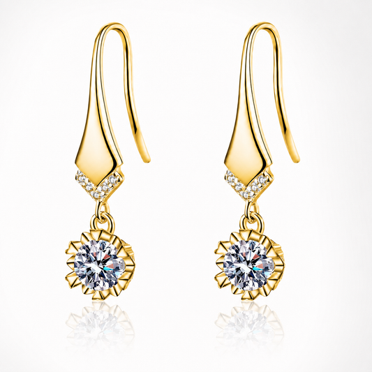 Gold round moissanite drop earrings with sculpted hook settings on a white background