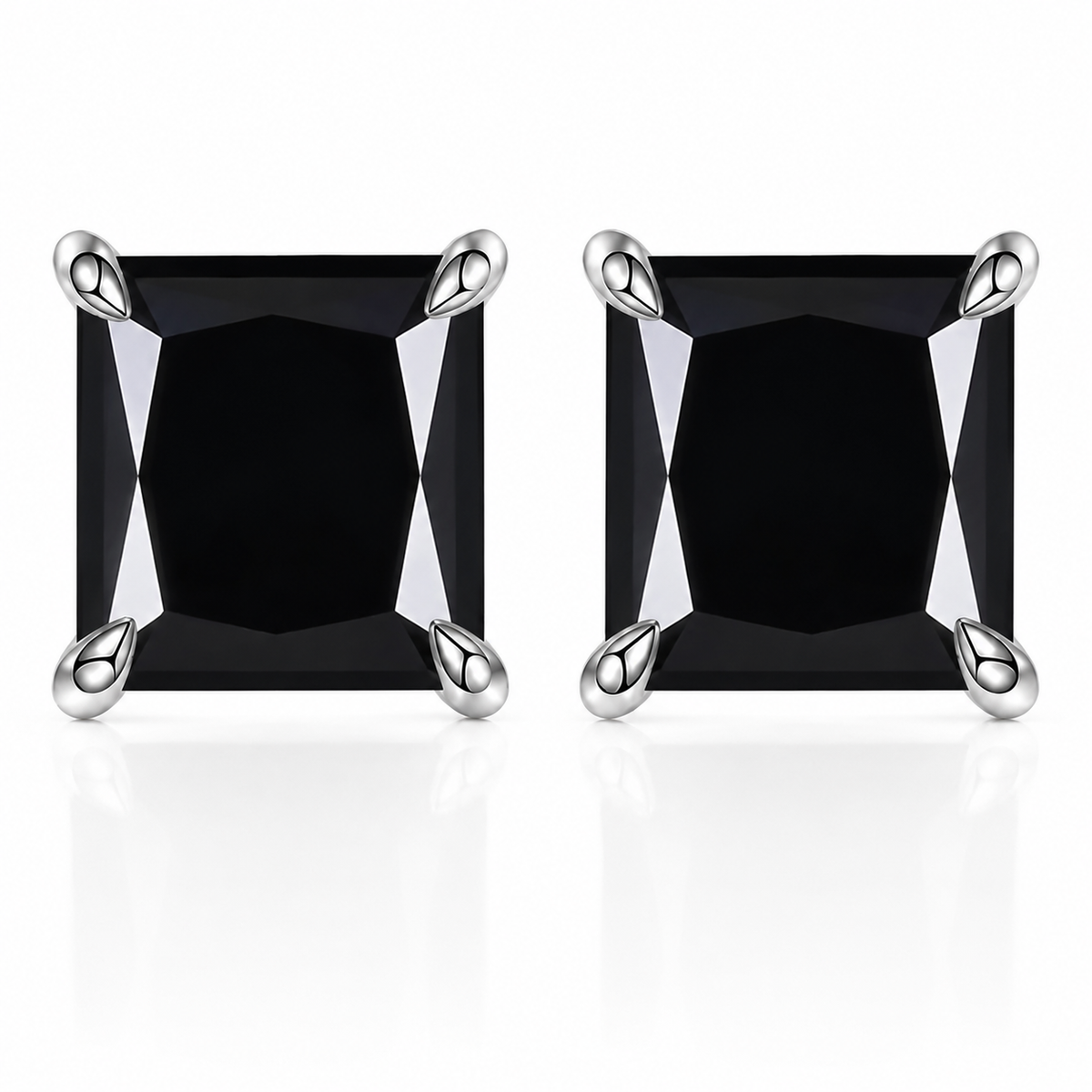 Silver princess-cut black moissanite stud earrings on a white background