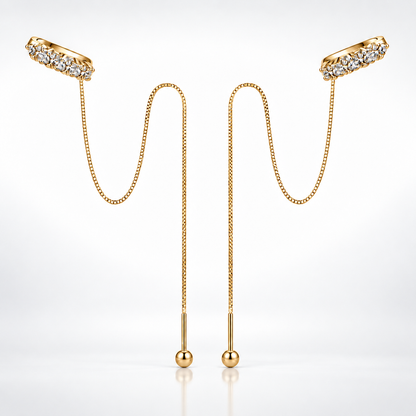 Gold moissanite threader chain earrings with curved stone-set tops shown on a white background
