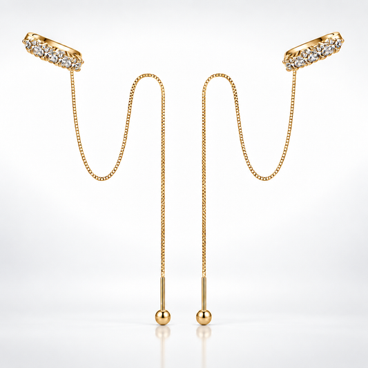 Gold moissanite threader chain earrings with curved stone-set tops shown on a white background