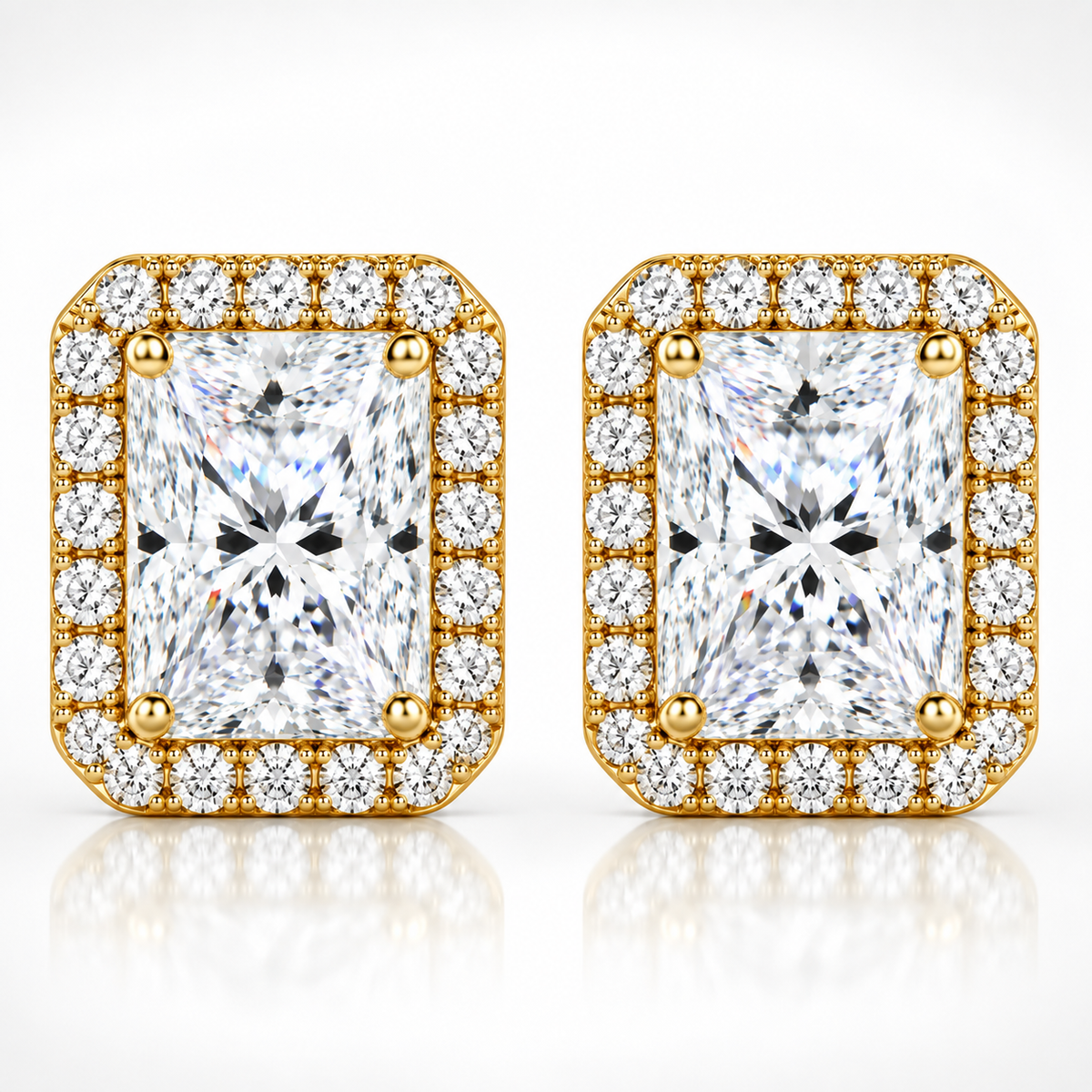 Gold radiant cut halo moissanite stud earrings shown front-on against a white background