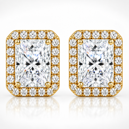 Gold radiant cut halo moissanite stud earrings shown front-on against a white background