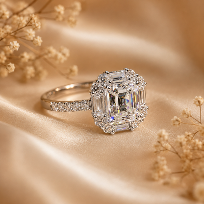 Vintage Asscher Halo Moissanite Engagement Ring